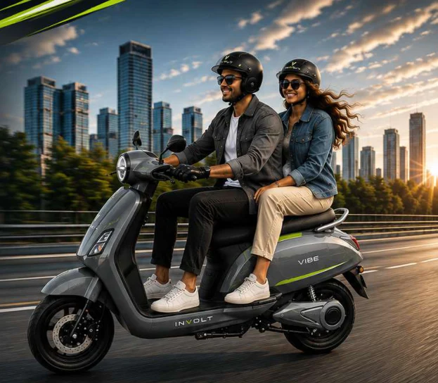 Involt Vibe electric scooter with two riders in an urban setting